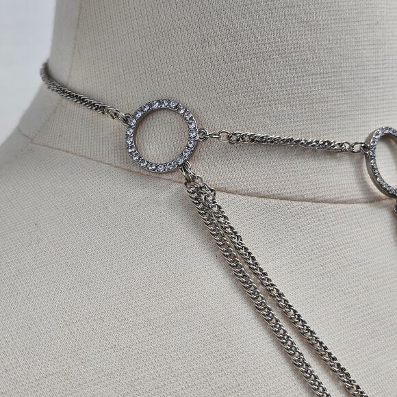 Choker Necklace Multi Chain Draped Silvertone Clear Rhinestones Whimsygoth - Picture 4 of 7